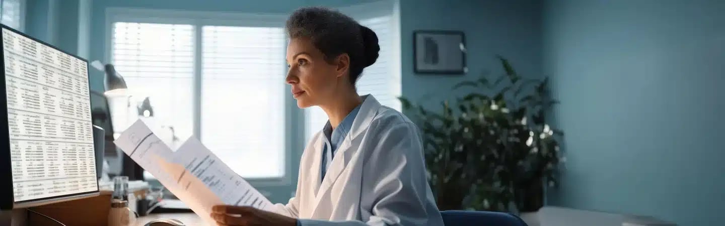 A woman in a lab coat reviews documents at her desk, illuminated by a computer screen in a well-lit office.