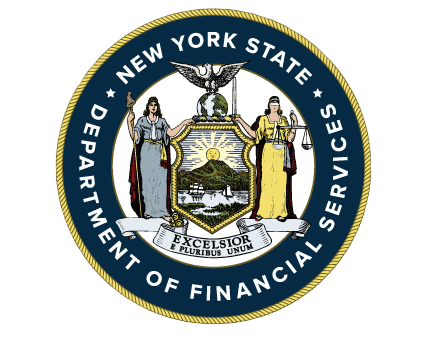 Seal of the New York State Department of Financial Services with coat of arms featuring Liberty and Justice figures.