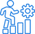 Blue icon of a person adjusting a gear atop three ascending bars, representing growth or progress.