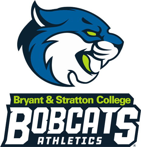 Logo for Bryant & Stratton College Bobcats Athletics, featuring a stylized blue and white bobcat head above bold text in dark blue, white, and green.