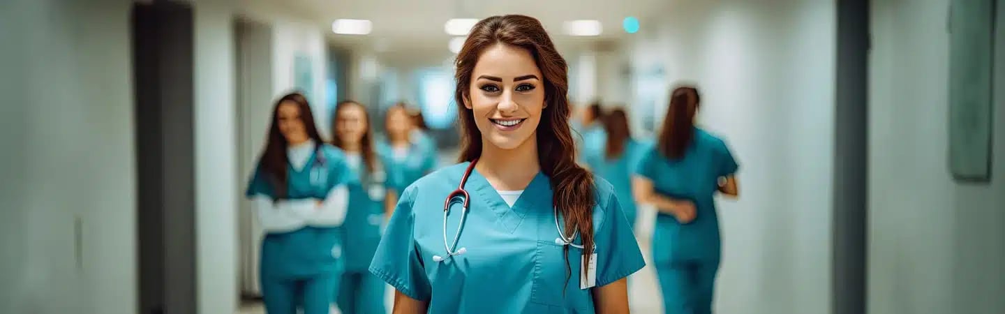 A smiling healthcare worker in scrubs with a stethoscope stands in a hospital hallway; colleagues are in the background.