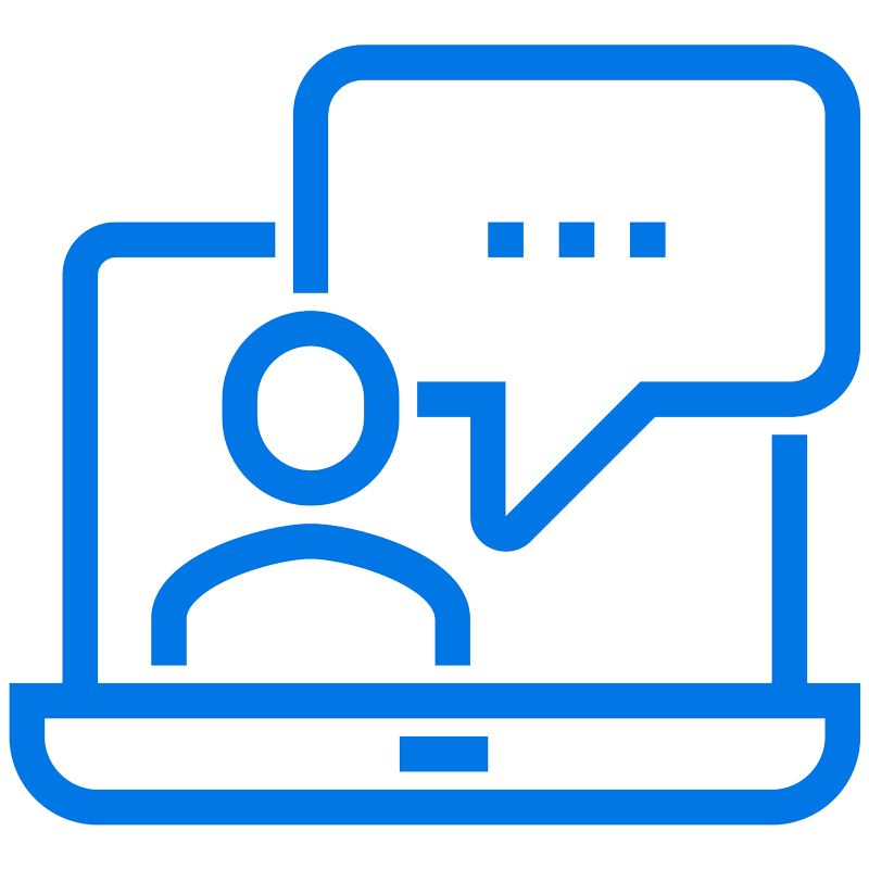 Blue outline icon of a person on a laptop screen with a speech bubble containing three dots, symbolizing online communication or virtual chat.