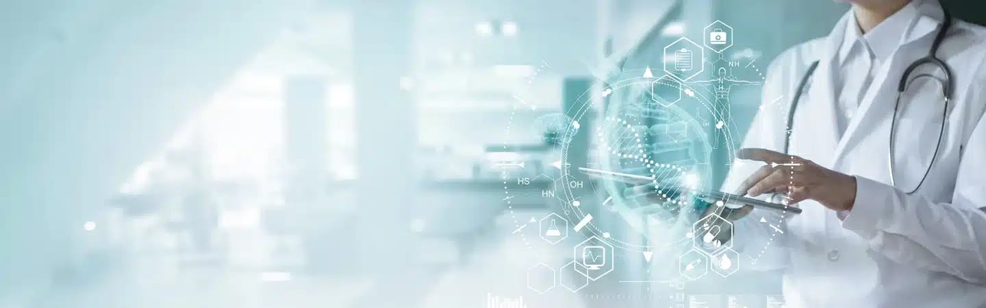 Doctor using a tablet with medical icons floating around, representing technology in healthcare.