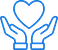 Blue outline of a heart above two open hands, symbolizing care and support.