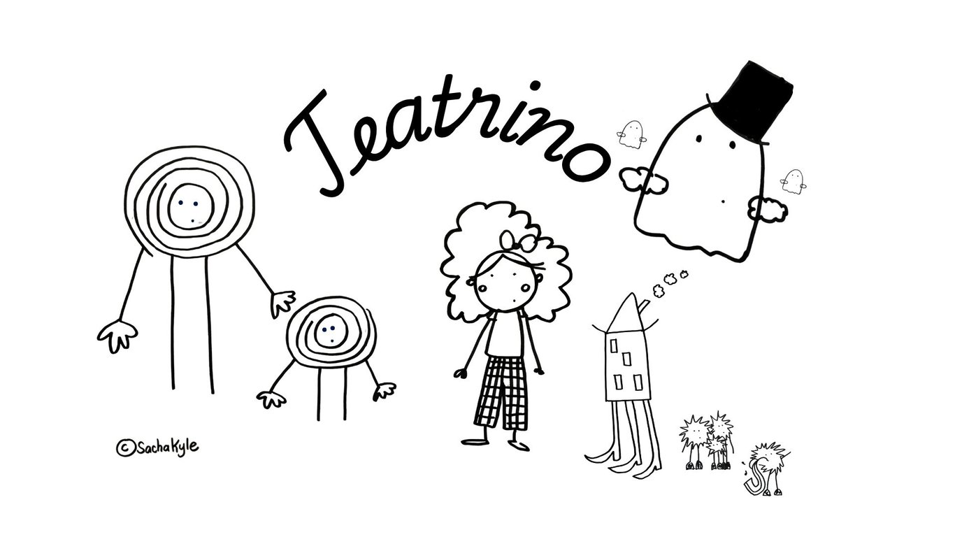 The Teatrino ensemble, hand-drawn cast on the theatre stage, black and white