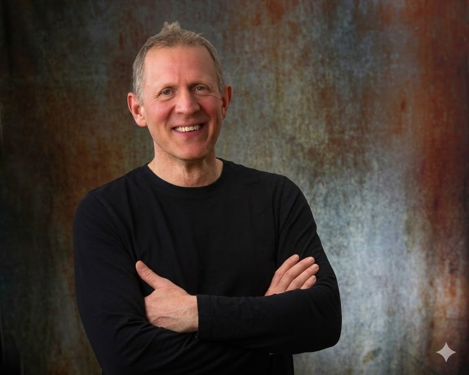 Giles Lamb, arms folded, against a dark textured backdrop