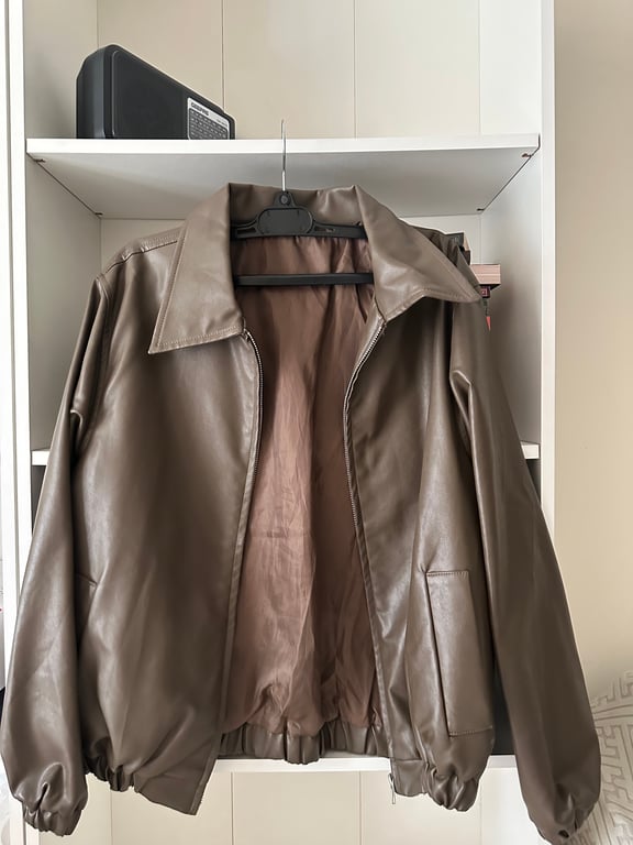Amazon — Amazon Brown Faux Leather Bomber Jacket (Size S, Like new)