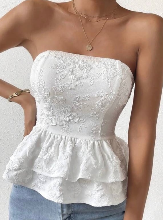Shein — Shein White Floral Embroidered Strapless Peplum Top (Size S, Like new)