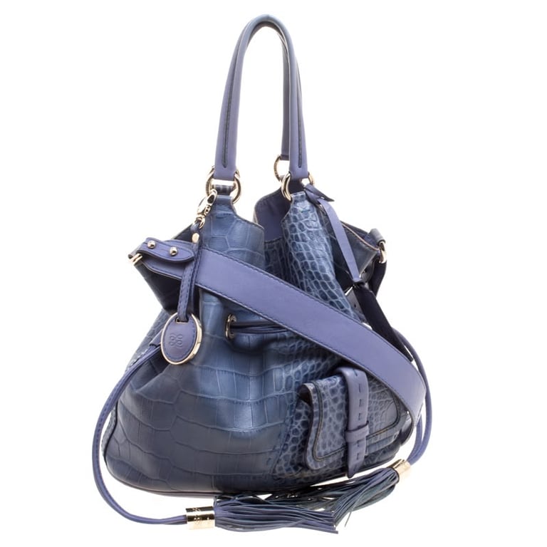 Lancel — Lancel Blue Crocodile Embossed Leather Shoulder Bag (Size One Size, Good)