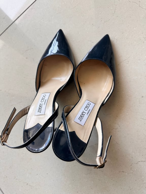 Jimmy Choo — Jimmy Choo Navy Blue Patent Leather Slingback Heels (Size 39, Good)