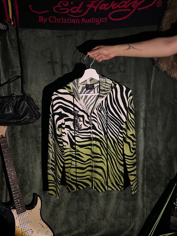 Ed Hardy — Ed Hardy Green Panther Jacket With Stripes (Size XS, Like new)
