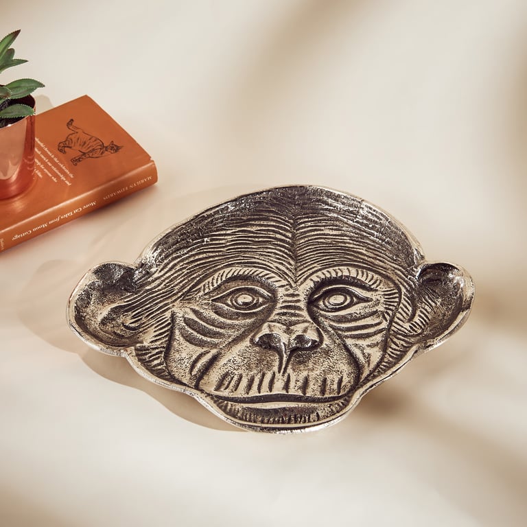 Centrepoint — Monkey Shaped Silver Metal Decorative Tray (Size Size: L 30cm x W 27 cm x H 2,5 cm, Like new)