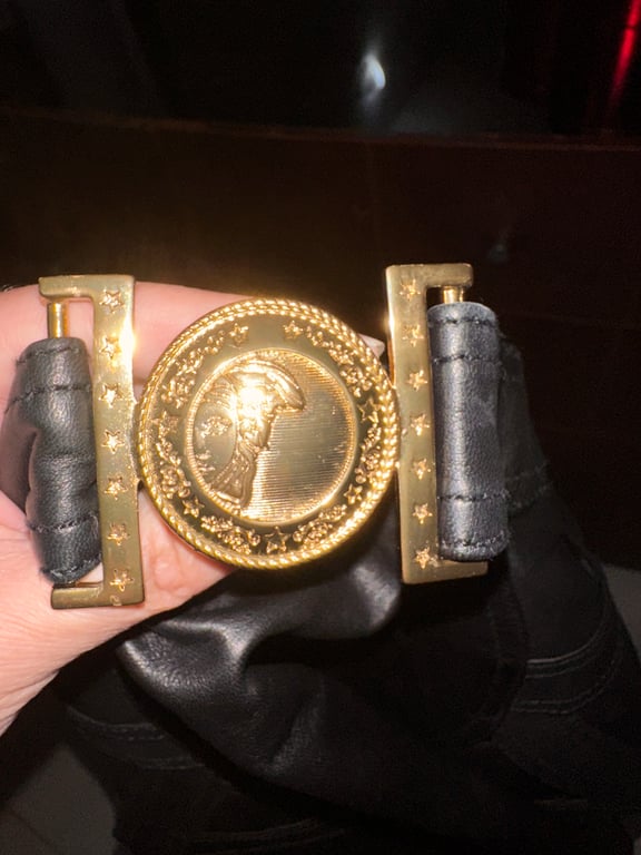 Versace — Versace Medusa Gold Buckle Black Leather Skirt (Size 32, Good)