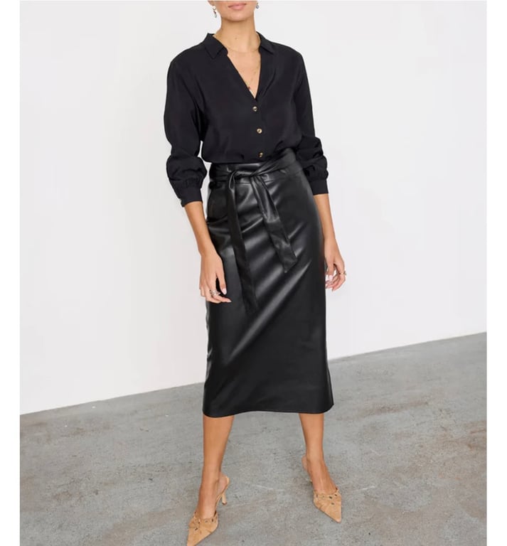 Never Fully Dressed — Never Fully Dressed Black Vegan Leather Wrap Skirt (Size 42, Like new)