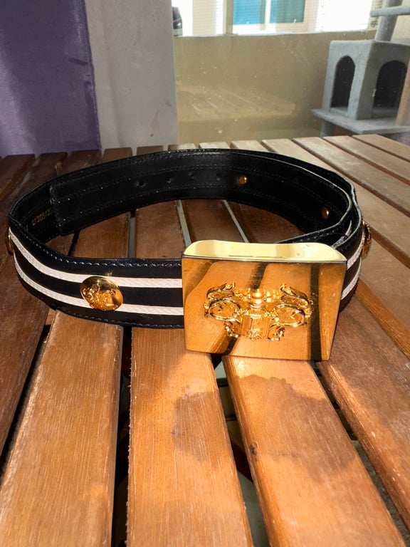 Escada — Escada Vintage Black & White Striped Belt with Gold Buckle (Good)