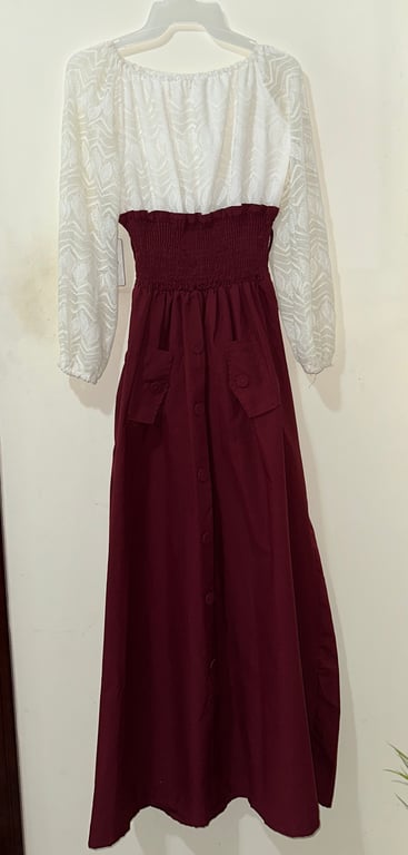 The Angel G.G — Victorian-Style White and Maroon Maxi Dress (With Belt) (Size XL, Like new)