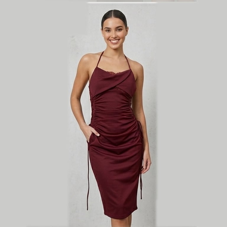Other — Caprisious Burgundy Halter Neck Midi Dress with Lace (Size S, Good)