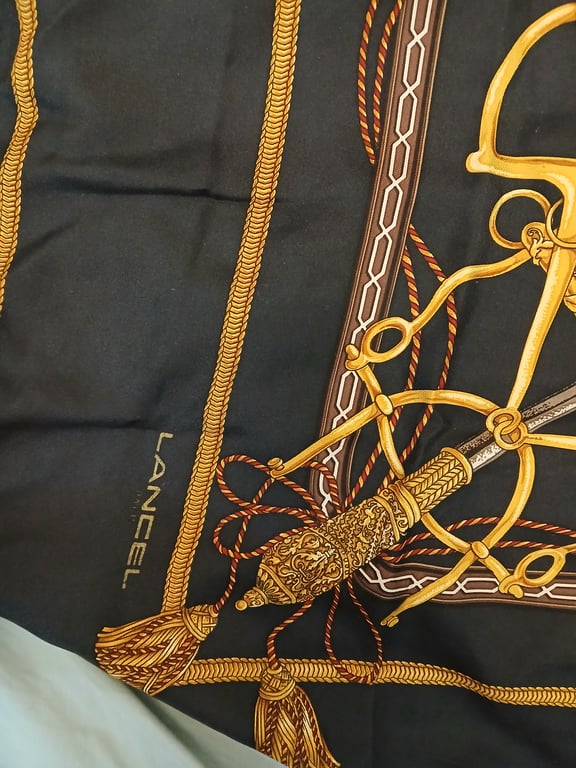 Lancel — Lancel Black & Gold Equestrian Print Silk Scarf (Size One Size, Good)