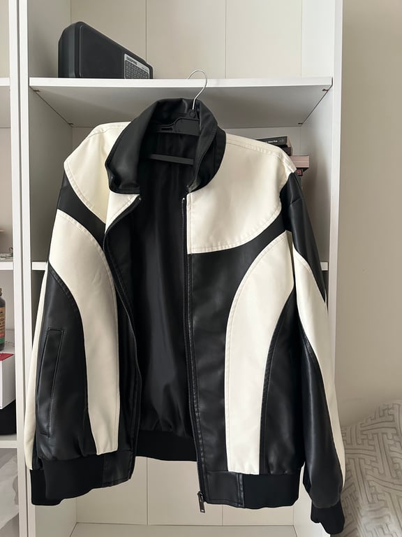 Amazon — Amazon Black & White Faux Leather Bomber Jacket (Size S, New without tags)