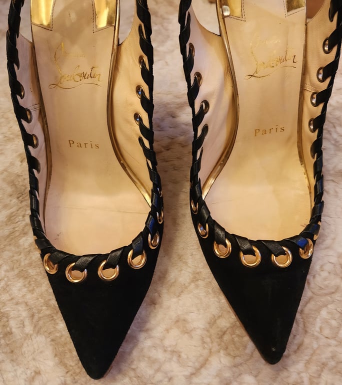 Christian Louboutin — Christian Louboutin Black Suede Lace-Up Slingback Heels (Size EU 36.5, Like new)