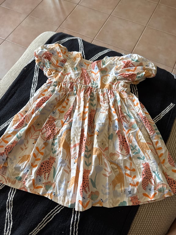 Mothercare — Mothercare Baby Girls Animal Print Puff Sleeve Dress (Size 3Y, Good)