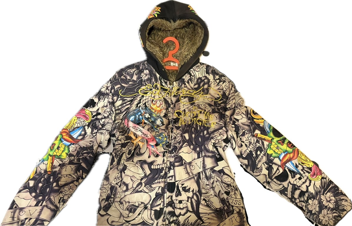 Ed Hardy — Rare Vintage Ed Hardy Graphic Hoodie Faux Fur Lined (Size L, Good)