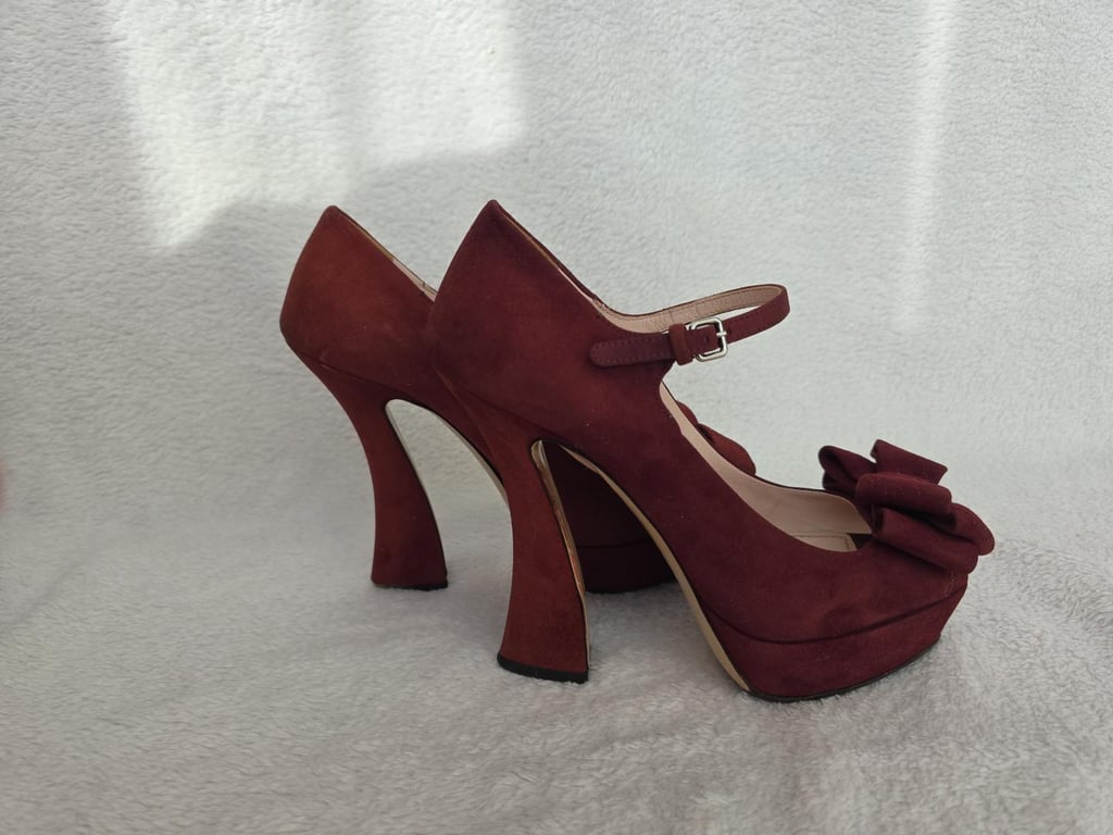 Miu Miu — Miu Miu Burgundy Suede Heels with Oversized Bow (Size EU 36, Good)