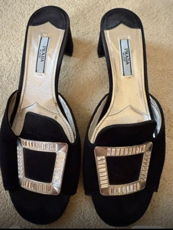 Prada — Prada Black Suede Mules with Diamanté Embellishment (Size EU 38, Good)