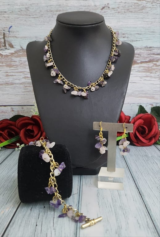 Hajmaal — vintage hues of amethyst chips necklace bracelet  earring (Size One Size, New without tags)
