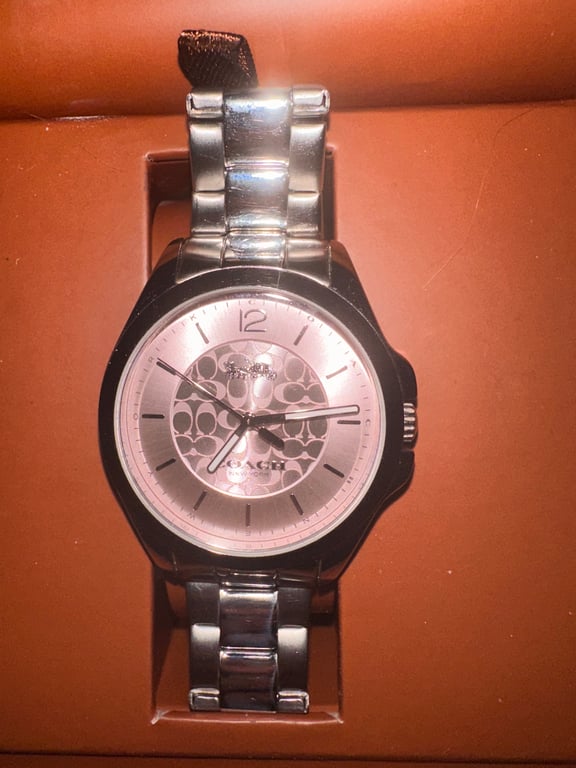 Coach — Coach Silver-Tone Pink Dial Analog Watch (Size One Size, Good)