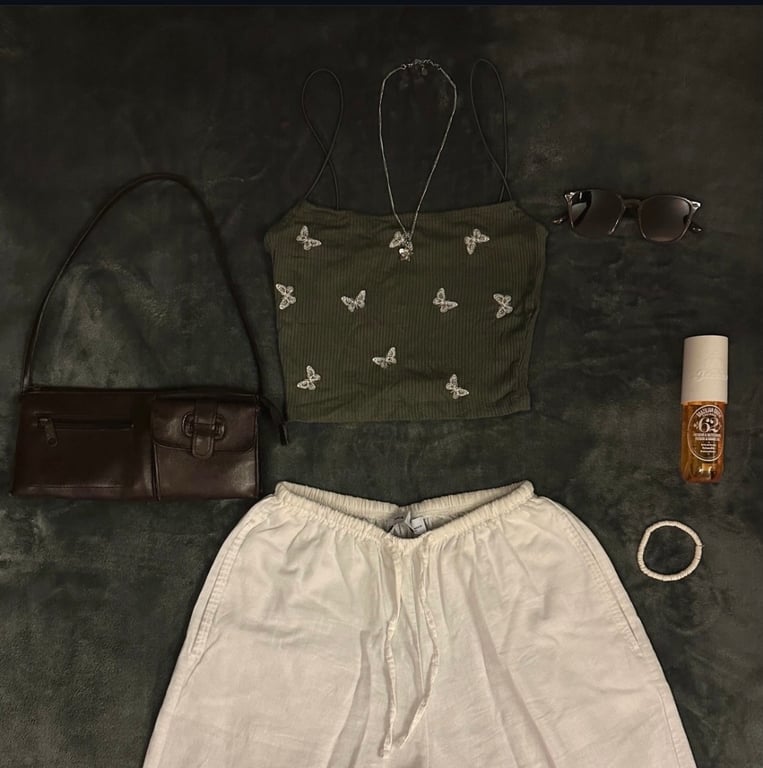Stradivarius — Olive green tank top with embroidered butterflies (Size XS, Good)