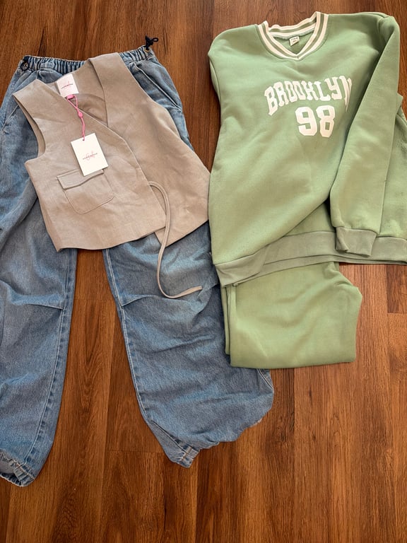 Shein — 2 sets of outfits. Jeans and top and sage green track suit. (Size 11Y, Good)