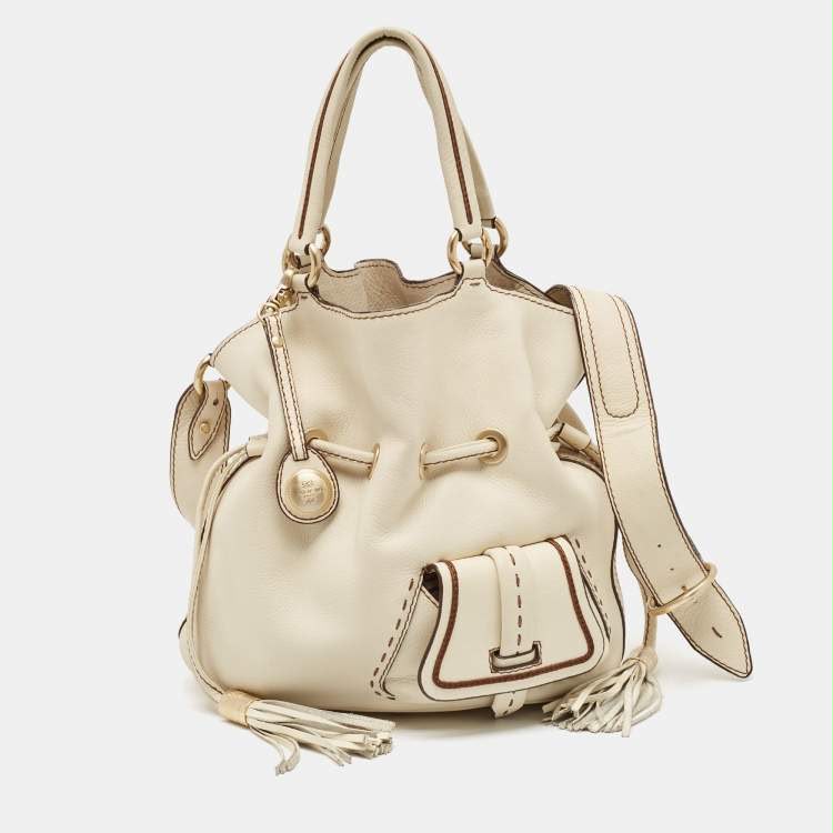 Lancel — Lancel Cream Leather Drawstring Bucket Bag (Size One Size, Good)