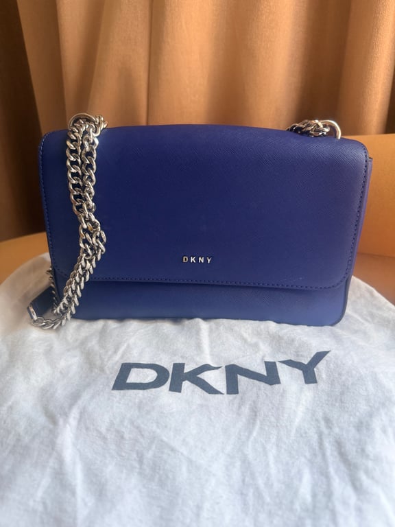 DKNY — DKNY Blue Leather Crossbody Bag with Chain Strap (Size Length-29cm Height -19cm, Good)
