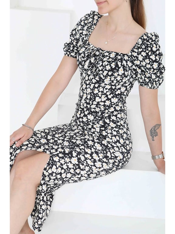 Dusty Pink — Bodycon Floral Black & White Midi Dress🪄 (Size S, Like new)