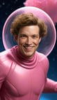smiling guy in pink sci-fi body-suit, photorealistic, space background, contrast light, floating jellyfish