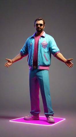Low poly 3D model, game ready model, full body in frame, 3D model T pose, game 3D model, GTA Vice City neon light