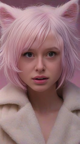 furry white cat-woman, white furcoat, artificial skin, STUDIO LIGHT holographic, glowing skin, white bob, cat-face, PINK, FUNNY