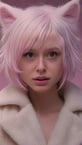 furry white cat-woman, white furcoat, artificial skin, STUDIO LIGHT holographic, glowing skin, white bob, cat-face, PINK, FUNNY