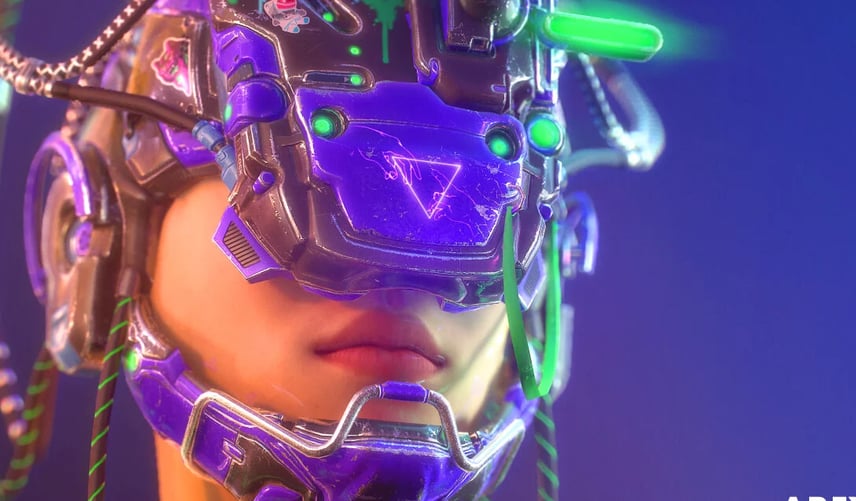Futuristic person with cybernetic enhancements and glowing neon accents.