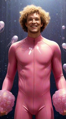 smiling guy in pink sci-fi body-suit, photorealistic, space background, contrast light, floating jellyfish
