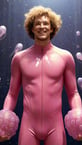 smiling guy in pink sci-fi body-suit, photorealistic, space background, contrast light, floating jellyfish