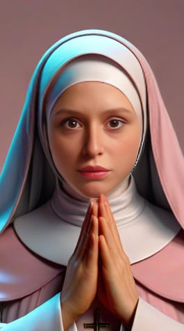 pastel pink nun, game character 3d, high quality image, realistic, pink glowing eyes