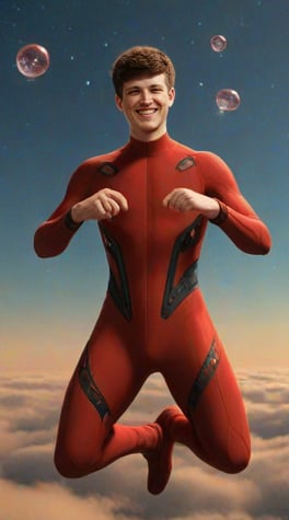 smiling guy in red sci-fi body-suit, vr headset fashion, photorealistic, space background, contrast light, floating jellyfish, short haircut, 