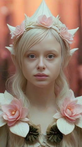 White elf with glowing silicone flowers costume, pink forest background, studio light