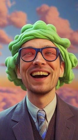 smiling (plasticine : 1.5), 3d, vibrant colors, clouds, film, film grain, 70's, LSD, trippy, 