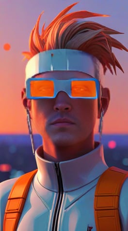 playstation 1,  white futuristic suite, cyberpunk, high fashion, 3d character, video game, VHS, glitchy, sunset, orange sky, pixelated, minimalistic, low poly, 3d 
