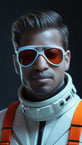 sci-fi pilot, masculine, white suite, fashion, white plastic, black background, fashion,  vibrant colors, cinematic light