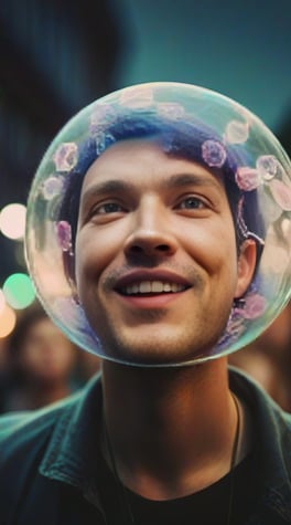 person in Berlin teсhno party, neon, cinematic, happy, bokeh, floating jellyfish,  night, contour light, muted colors, film grain