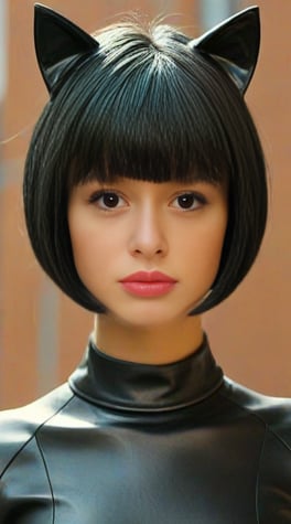 cat woman, black bob hairstyle